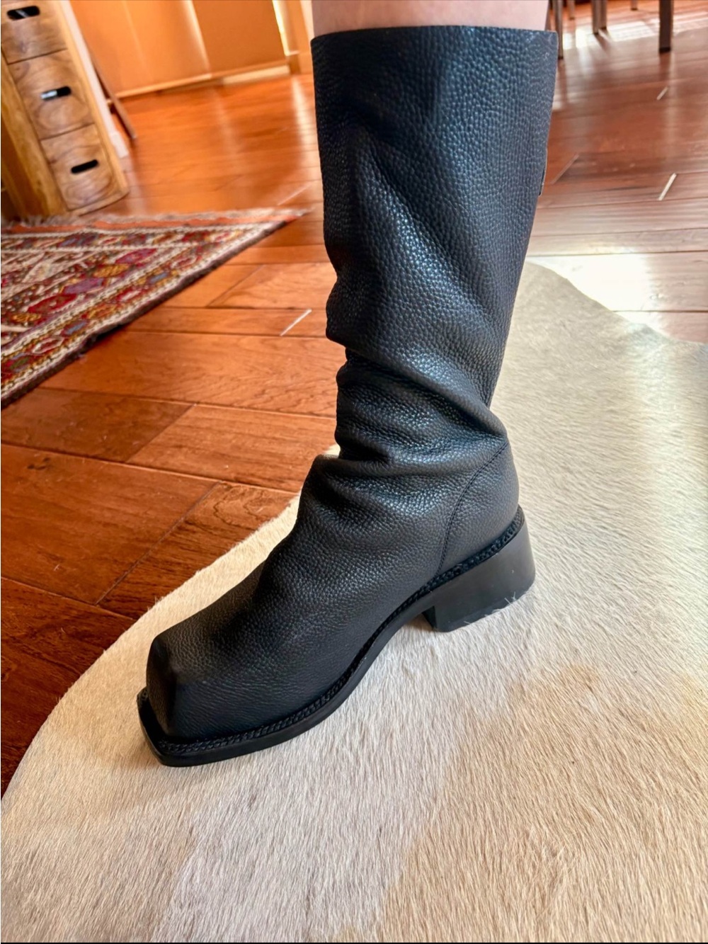 Black Leather Mid-Calf Square-Toe Boots